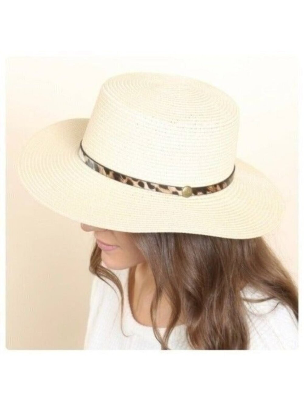 Wide Brim Straw Hat With Leopard Print Band For Women-NEW